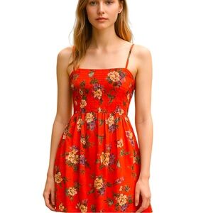 BE COOL Spaghetti Strap Orange Floral Tunic Mini Dress Stretch Top Women’s SZ M
